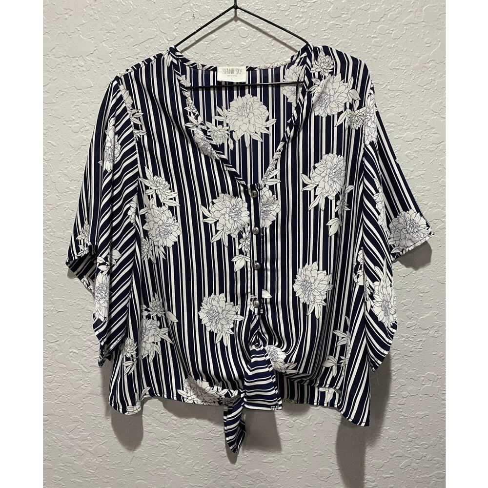 Sienna Sky Women's Short Sleeve V-neck Stripe Floral Blouse Top Sz L
